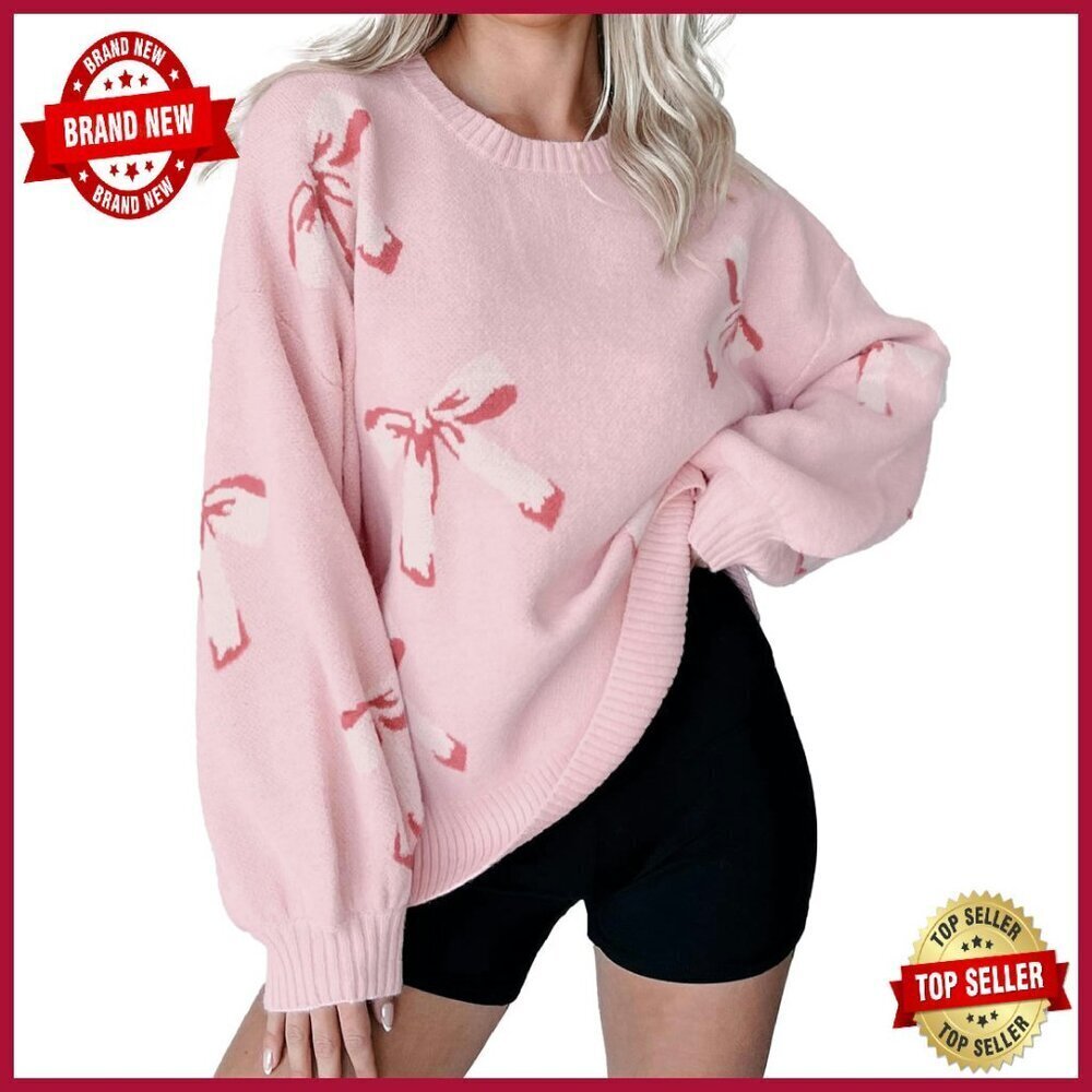 Oversized Chunky Knit Bow Sweater Loose Fit Drop Shoulder Pullover